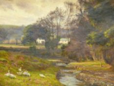CHISHOLM COLE oil on canvas - rural scene with farmstead, stream, geese grazing and with figures and