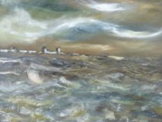 KAREL LEK oil on canvas - seascape with distant industrial buildings, signed and entitled verso 'The