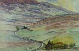 JOHN MORRIS watercolour - expansive Denbighshire landscape with two farmsteads, signed, 36 x 56 cms