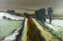 DONALD McINTYRE oil on board - winter snow scene with track and trees, signed, 49 x 75 cms