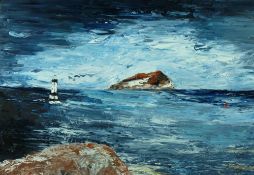 DEI HUGHES oil on canvas, unframed - Penmon Lighthouse and Puffin Island under dramatic skies,