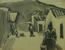 JOSEF HERMAN colourwash - village street with figures, 17 x 22 cms