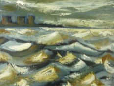 KAREL LEK oil on canvas - seascape with distant industrial towers, signed and entitled 'On the