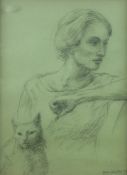 EVAN CHARLTON pencil - portrait entitled verso 'Woman with Cat', signed and dated 1976, 38 x 27 cms