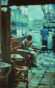 MEIRION JONES acrylic on board - seated man in a cafe, signed, 29 x 19 cms