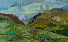 JOSIE RUSSELL textile - expansive Snowdonia landscape, signed with initials and entitled '