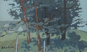 ARTHUR PRITCHARD mixed media - treescape with distant buildings, signed, 14 x 22.5 cms