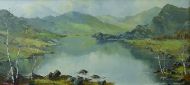 CHARLES WYATT WARREN oil on board - Snowdonia lake scene with silver birch trees, signed and with