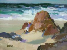 DONALD McINTYRE acrylic on board - Iona rocky coastal scene with seated figure, signed with initials