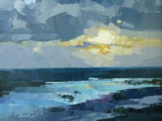 DAVID GROSVENOR oil on canvas - sunset over Criccieth, signed and with original Tegfryn Gallery