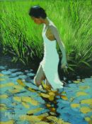 MEIRION JONES acrylic on canvas - young girl by the bank of a lily pond, signed and entitled 'The