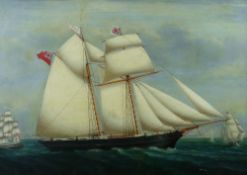 J ROBERTS oil on board - ship portrait of the twin master 'Schooner Cordelia of Port Madog', Evan