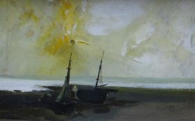 COLIN ALLEN oil on canvas - coast at sunset, entitled verso on Howard Roberts Gallery label 'Boats