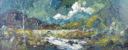 CHARLES WYATT WARREN oil on board - Snowdonia river scene with bridge, signed, 37 x 90 cms