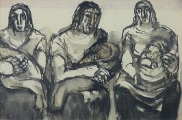 JOSEF HERMAN colourwash - three women, each cradling a baby, 15.5 x 24.5 cms