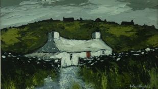 WYN HUGHES oil on board - Anglesey whitewashed cottage, signed and dated verso 2014, 14 x 24 cms