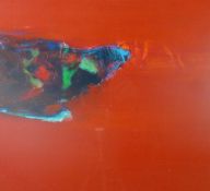 TOM NASH acrylic/mixed media believed on board - abstract, a dark shape on a red background, signed,
