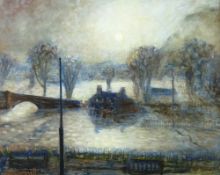 EDWARD (TED) DUMMETT oil on board - midnight flood at Llanrwst Bridge, signed, 49 x 59 cms
