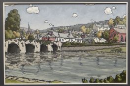ALAN (EA) WILLIAMS acrylic on canvas - ancient bridge, river and town, entitled 'Crickhowell',