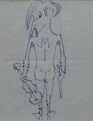 SIR KYFFIN WILLIAMS RA ink on paper - caricature drawing self-portrait, entitled 'Nude with Violin',