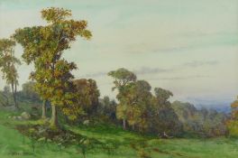 J W CLAYTON watercolour - treescape with figure and horse and cart, signed and with title label