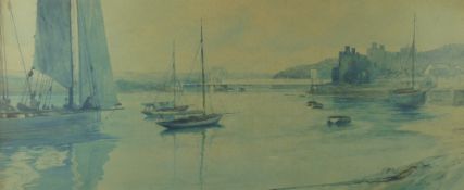 PHILLIP OSMENT watercolour - Conwy Castle, Bridge and Harbour and with numerous boats, signed, 31