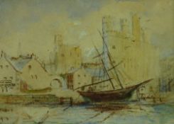 I H WEBSTER watercolour - Eagle Tower, Caernarfon Castle with twin masted ship moored nearby,