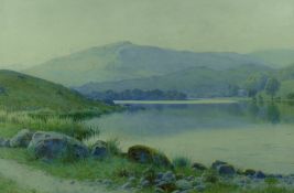 JOHN McDOUGAL watercolour - North Wales lake scene with reflections, signed, 38.5 x 58 cms