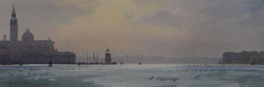 GARETH THOMAS watercolour - Venetian canal scene and islands, entitled 'San Giorgio', signed, 13 x