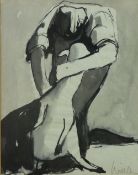 WILL ROBERTS colourwash - farmer shearing a sheep, signed, 24 x 19 cms