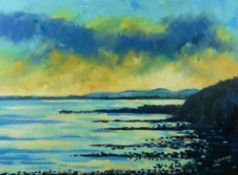 GWYN OWEN acrylic on canvas - sunset over Lleyn from Criccieth, signed, 49 x 69 cms