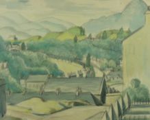 MERYL WATTS watercolour and pencil - village scene with trees and mountain backdrop, signed and with