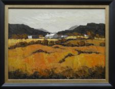 WILF ROBERTS oil on board - Snowdonia landscape with cottages and outbuildings, entitled verso '