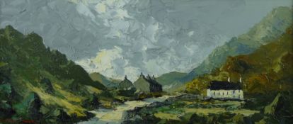 CHARLES WYATT WARREN oil on board - Snowdonia scene with track and cottages, signed, 23 x 54 cms