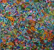 DANIEL MEAKIN ink and collage on canvas - colourful abstract entitled 'Sensation City', 49 x 49 cms