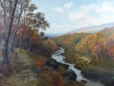 CHARLES FRANCE oil on canvas re-lined - Welsh river scene with man and dog on a path, signed and