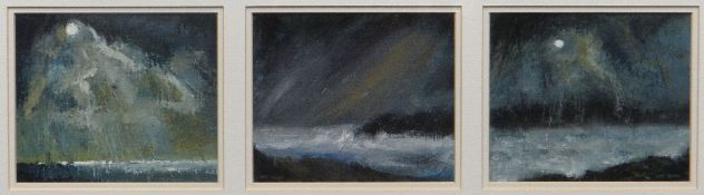 WILF ROBERTS acrylic on card triptych - entitled verso 'Stormy Seas', signed, each 15 x 17cms