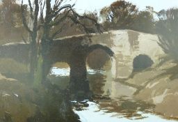 DONALD McINTYRE early oil - bridge over a river, signed with initials, 29 x 40 cms