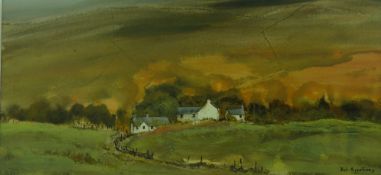 BOB ARMSTRONG mixed media - cottages at Rhyd Ddu, signed, 17.5 x 38 cms