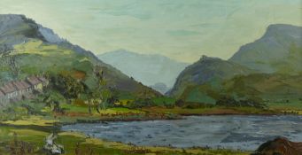 ROWENA WYN oil on board - Welsh lake scene entitled 'Baladeulyn', signed and with artist's address