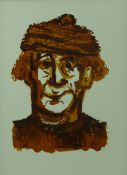 KAREL LEK watercolour - head and shoulders sepia portrait of a gentleman in a woolly hat, signed