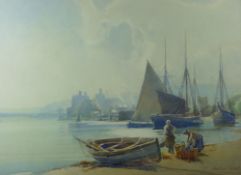 HUBERT COOP exhibition quality watercolour - Conwy Castle, Harbour and Bridge and with boats and