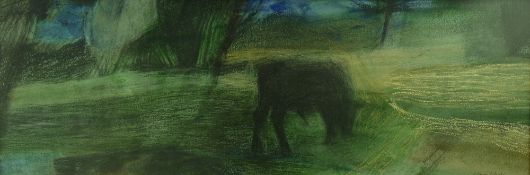 ELERI MILLS mixed media - cow grazing, signed and entitled verso 'In the Fields III', also signature