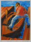 SUE MCDONAGH artist's proof print - figure on a jetty entitle in pencil 'messing about in a boat',