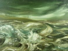 KAREL LEK oil on canvas - rough seas, signed and entitled verso 'Winter Sea, Beaumaris', 60 x 91