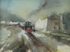 WILLIAM SELWYN watercolour - Welsh Highland Railway by waterside with buildings near Porthmadog,