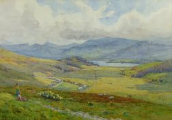 WILLIE STEPHENSON watercolour - expansive Conwy Valley scene near Tal-y-Bont with figures seated