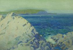 JOHN McDOUGAL watercolour - Anglesey coastal scene with distant yachts, signed and dated 1900, 17