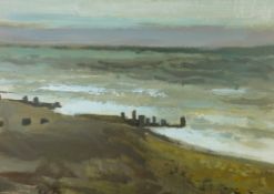 DONALD McINTYRE acrylic - seascape with breakwaters, signed with initials and entitled verso 'Sea