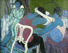 CLAUDIA WILLIAMS early oil on board - three female figures in a bedroom, signed, signed also verso